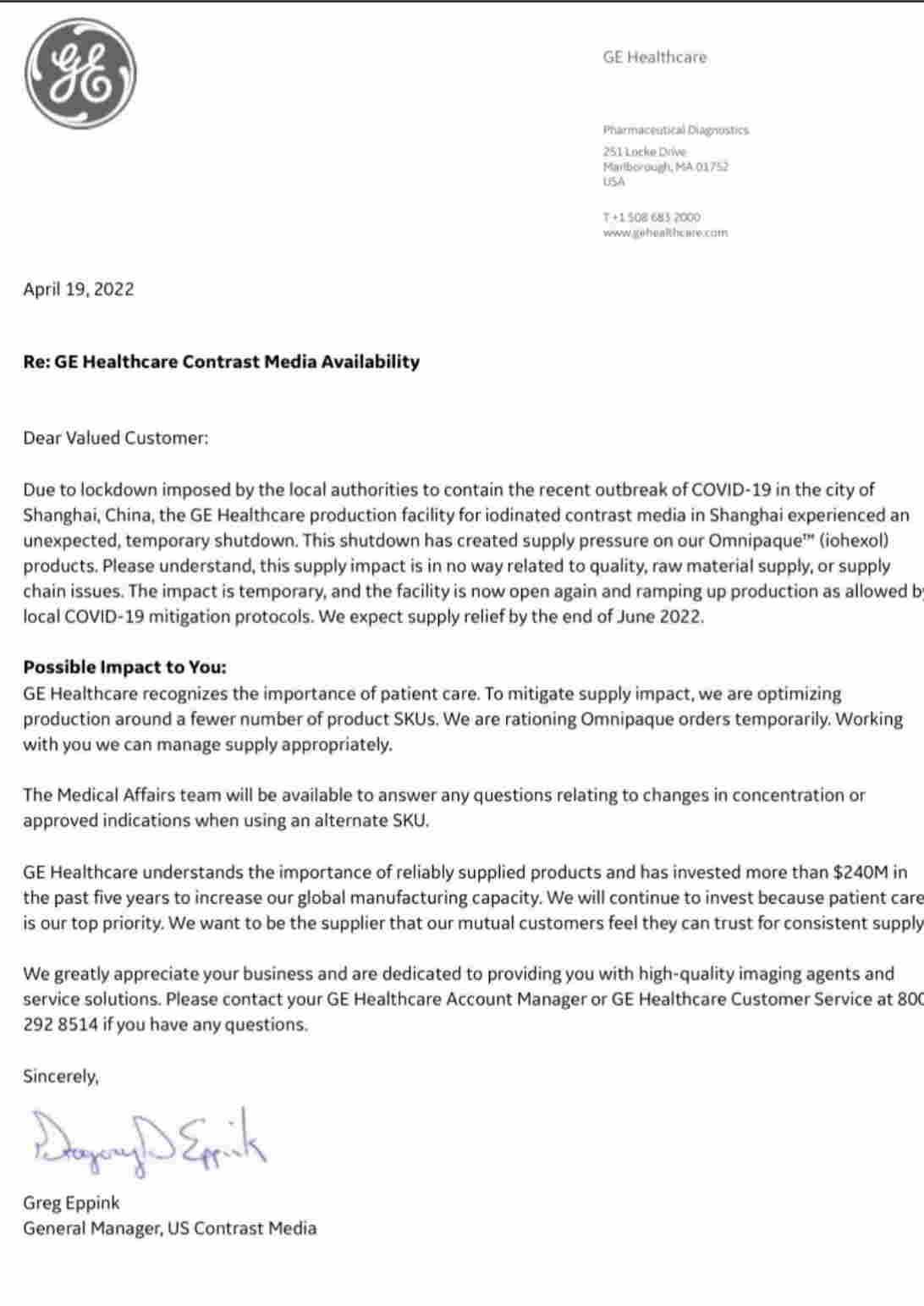 GE letter addressing the shortage